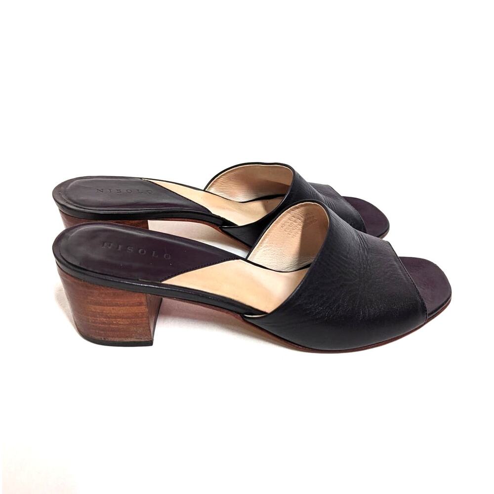 Nisolo Elizabeth Black Leather Slides Block Heel Sandals Open Toe 9.5 Preowned - Picture 3 of 13